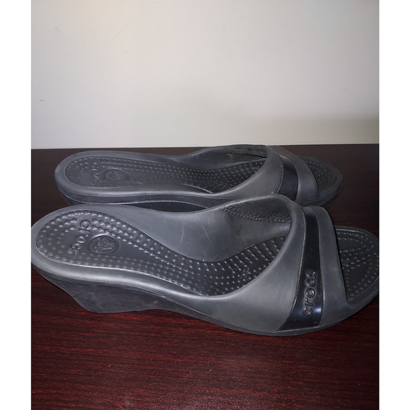 Crocs Wedge Sandals sz 9 Women's Sassari Open Toe Slip Ons Summer Black - Picture 3 of 13